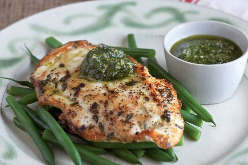Lemon chicken escalopes with pumpkinseed pesto House & Garden