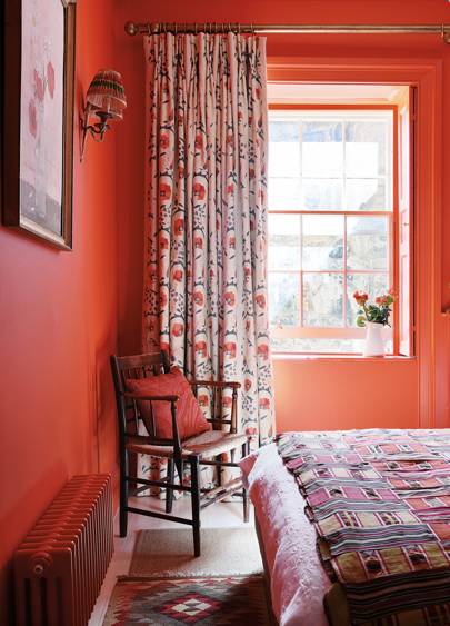 red and cream curtain fabric