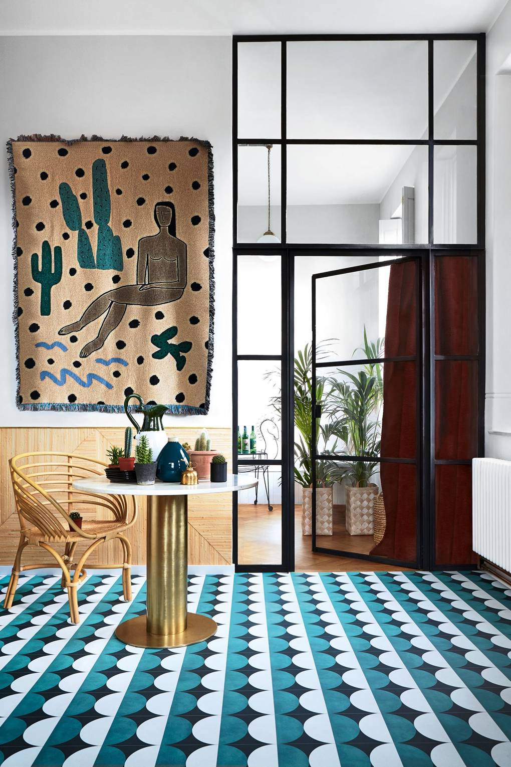 A shoppable scheme of 1970s velvet, rattan, & graphic pattern | House