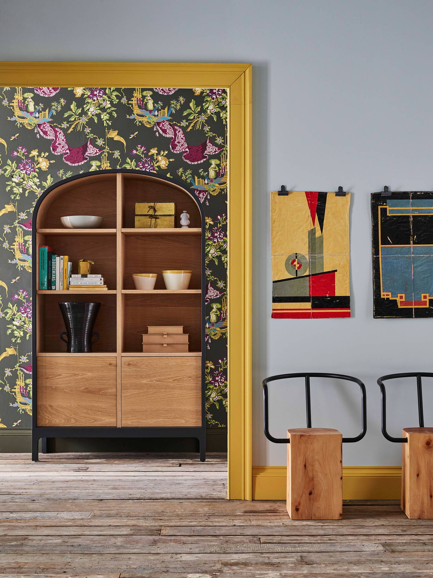 A shoppable interior design scheme of acid brights and oriental paterns