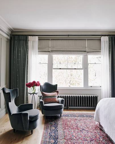 White Bee One Pair Kitchen Window Curtains Ideas three sets of roman blinds prevent the windows in this bedroom designed by jane gowers from looking bare when the curtains are open