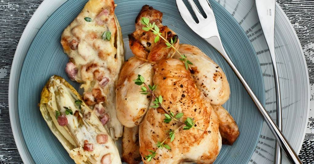 Lemon-brined poussin with chicory gratin - Brining Recipes | House & Garden